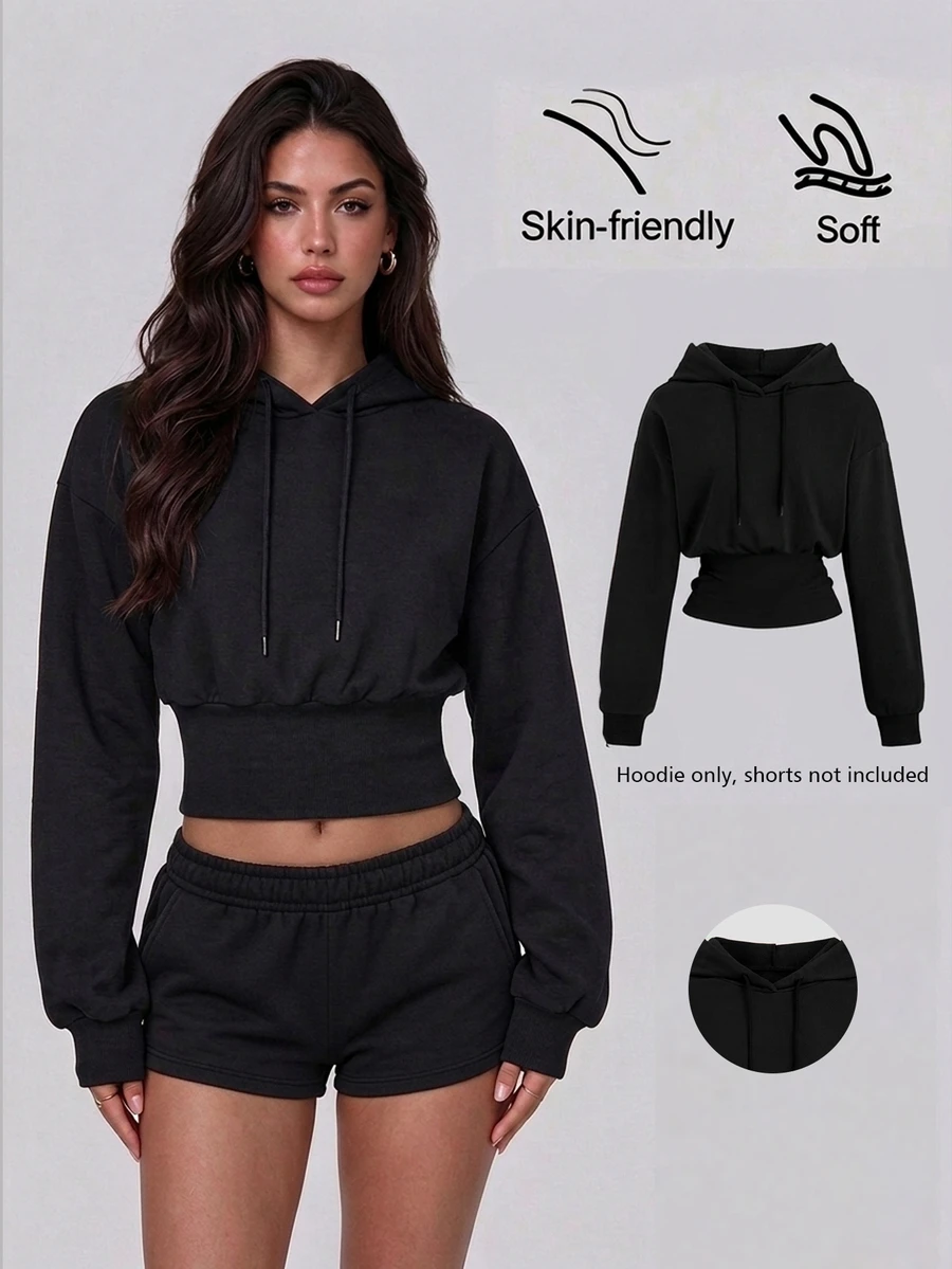 Sweetra Women's Cinched Waist Sweatshirt, Casual Sports Solid Black Long Sleeve Commute Top - Black - View 1