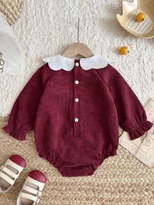 Baby Girl Bodysuit Cute Sweet Red Floral Embroidery Scalloped Collar Ribbed Long Sleeve Round Neck Birthday Party Fall Holiday Cozy Princess - Brown - View 2