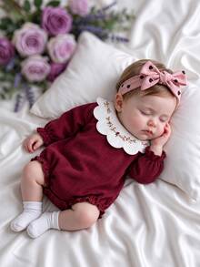 Baby Girl Bodysuit Cute Sweet Red Floral Embroidery Scalloped Collar Ribbed Long Sleeve Round Neck Birthday Party Fall Holiday Cozy Princess - Brown - View 1
