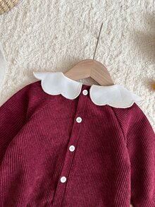 Baby Girl Bodysuit Cute Sweet Red Floral Embroidery Scalloped Collar Ribbed Long Sleeve Round Neck Birthday Party Fall Holiday Cozy Princess - Brown - View 6