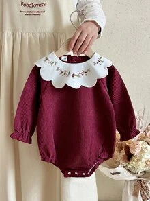 Baby Girl Bodysuit Cute Sweet Red Floral Embroidery Scalloped Collar Ribbed Long Sleeve Round Neck Birthday Party Fall Holiday Cozy Princess - Brown - View 4