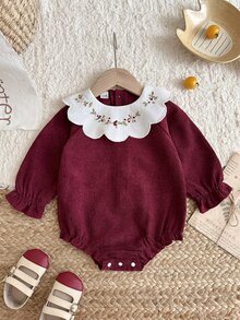 Baby Girl Bodysuit Cute Sweet Red Floral Embroidery Scalloped Collar Ribbed Long Sleeve Round Neck Birthday Party Fall Holiday Cozy Princess - Brown - View 3