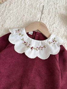 Baby Girl Bodysuit Cute Sweet Red Floral Embroidery Scalloped Collar Ribbed Long Sleeve Round Neck Birthday Party Fall Holiday Cozy Princess - Brown - View 7