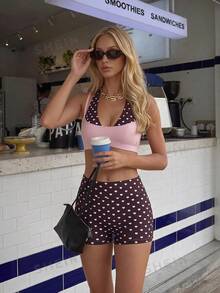 StreetHx Women's 2 Pieces Faux Layered Top And Shorts Casual Daily Sports Set - Multicolor - View 6