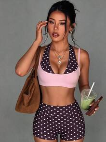 StreetHx Women's 2 Pieces Faux Layered Top And Shorts Casual Daily Sports Set - Multicolor - View 1