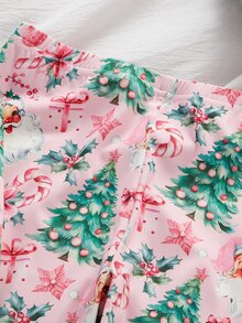 女童粉色聖誕老人聖誕睡衣套裝，甜美滿版聖誕樹長袖上衣與長褲 2 件套，修身居家服 - 彩色 - 查看 6