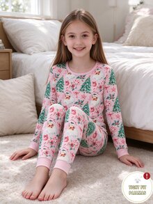 女童粉色聖誕老人聖誕睡衣套裝，甜美滿版聖誕樹長袖上衣與長褲 2 件套，修身居家服 - 彩色 - 查看 2