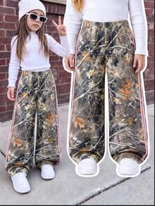 Girls' Sweet & Cool Camouflage Wide Leg Long Pants, Pink Contrast Stripe Side Design, Drawstring Elastic Waist, Loose & Draping Fit, Comfortable & Non-Restrictive, Young Girl' Streetwear Pants - Multicolor - View 3