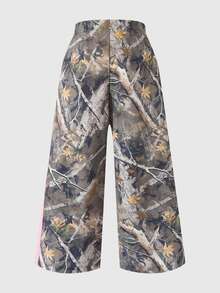 Girls' Sweet & Cool Camouflage Wide Leg Long Pants, Pink Contrast Stripe Side Design, Drawstring Elastic Waist, Loose & Draping Fit, Comfortable & Non-Restrictive, Young Girl' Streetwear Pants - Multicolor - View 4