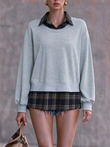 Elenzga 韓式格紋拼接 2 合 1 衛衣女款新款圓領寬鬆落肩長袖上衣 極簡灰色對比格紋下擺休閒百搭通勤套頭衫 - 彩色 - 查看 4