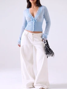 LYSMO Plus Size Women's Allover White Long Sleeve Lace Design Cardigan, Fall Dinner Morning Formal Evening Date Night Party Cocktail Elegant Courtis Winter - Baby Blue - View 3
