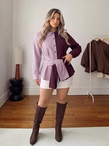 Vionelle Plus Size Women's Autumn/Winter Elegant Casual Office Contrast Color Striped Patchwork Solid Shirt Collar Tie Blouse Fall Pink - Red Violet - View 5