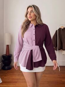 Vionelle Plus Size Women's Autumn/Winter Elegant Casual Office Contrast Color Striped Patchwork Solid Shirt Collar Tie Blouse Fall Pink - Red Violet - View 3