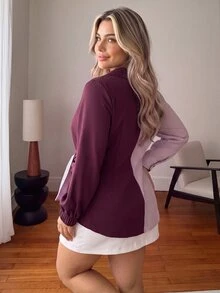 Vionelle Plus Size Women's Autumn/Winter Elegant Casual Office Contrast Color Striped Patchwork Solid Shirt Collar Tie Blouse Fall Pink - Red Violet - View 2