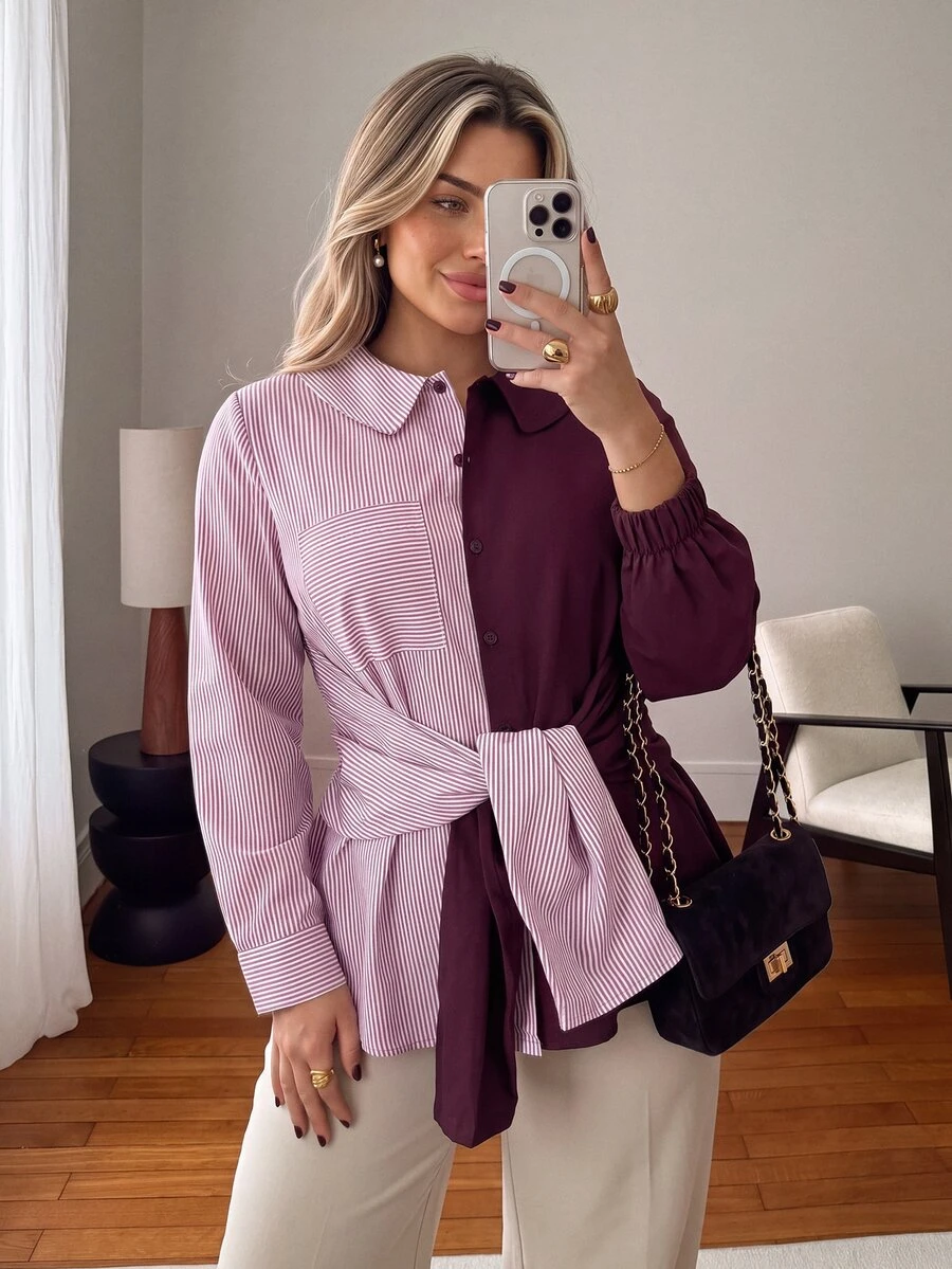 Vionelle Plus Size Women's Autumn/Winter Elegant Casual Office Contrast Color Striped Patchwork Solid Shirt Collar Tie Blouse Fall Pink - Red Violet - View 1