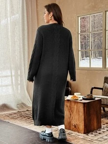 Vionelle Plus Size Women's Fashion Cable Knit Cable Rope Dark Green Loose Round Neck Long Sleeve Sweater Dress Casual Elegant Versatile Fall Cocktail Evening - Black - View 2
