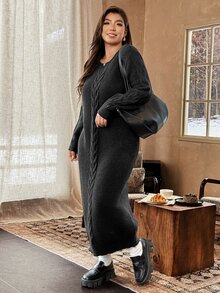 Vionelle Plus Size Women's Fashion Cable Knit Cable Rope Dark Green Loose Round Neck Long Sleeve Sweater Dress Casual Elegant Versatile Fall Cocktail Evening - Black - View 3