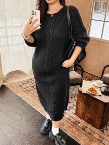 Vionelle Plus Size Women's Fashion Cable Knit Cable Rope Dark Green Loose Round Neck Long Sleeve Sweater Dress Casual Elegant Versatile Fall Cocktail Evening - Black - View 6