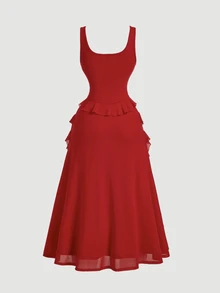 Skyraze Dark Red Elegant Romantic Summer Party Date Midi Dress,Solid Ruched Flounce Hem Chiffon Cami,Asymmetrical Multi-Laye Ruffle Wedding Guest Gown - Red - View 4