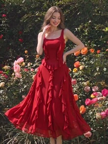 Skyraze Dark Red Elegant Romantic Summer Party Date Midi Dress,Solid Ruched Flounce Hem Chiffon Cami,Asymmetrical Multi-Laye Ruffle Wedding Guest Gown - Red - View 2