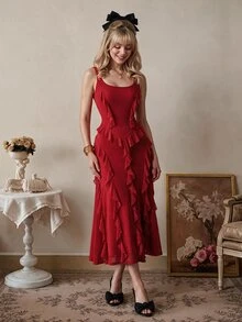 Skyraze Dark Red Elegant Romantic Summer Party Date Midi Dress,Solid Ruched Flounce Hem Chiffon Cami,Asymmetrical Multi-Laye Ruffle Wedding Guest Gown - Red - View 8