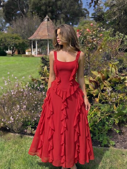 Skyraze Dark Red Elegant Romantic Summer Party Date Midi Dress,Solid Ruched Flounce Hem Chiffon Cami,Asymmetrical Multi-Laye Ruffle Wedding Guest Gown