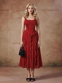 Skyraze Dark Red Elegant Romantic Summer Party Date Midi Dress,Solid Ruched Flounce Hem Chiffon Cami,Asymmetrical Multi-Laye Ruffle Wedding Guest Gown - Red - View 7