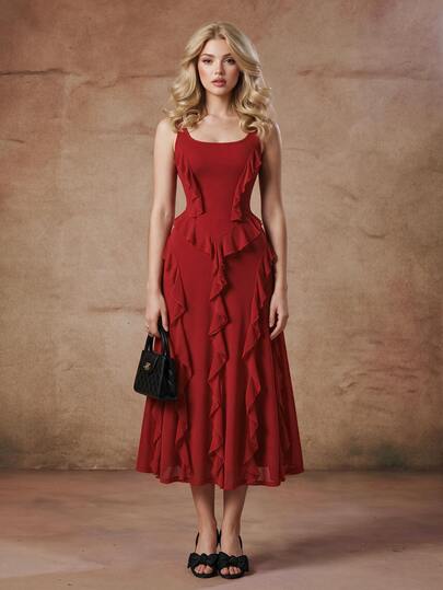 Skyraze Dark Red Elegant Romantic Summer Party Date Midi Dress,Solid Ruched Flounce Hem Chiffon Cami,Asymmetrical Multi-Laye Ruffle Wedding Guest Gown