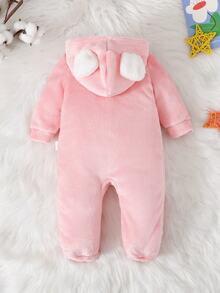 SHEIN Newborn Baby Girl Cute Cartoon Cloud Pattern Applique Embroidery Hooded Zipper Front Flannel Romper, Autumn/Winter Home Wear - Baby Pink - View 2