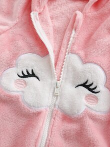 SHEIN Newborn Baby Girl Cute Cartoon Cloud Pattern Applique Embroidery Hooded Zipper Front Flannel Romper, Autumn/Winter Home Wear - Baby Pink - View 5