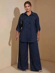 Chikora 大尺碼條紋襯衫長褲休閒商務通勤套裝，優雅正式女款上班辦公套裝，基礎外出穿搭，適合秋季 - 藏蓝色 - 查看 9