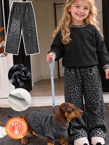 Children's Grey Fleece Leopard Print Wide Leg Sweatpants, Elastic Waistband, Easy To Put On And Take Off, Loose Straight Fit, Casual Style, For Winter - Multicolor - View 1