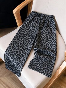 Children's Grey Fleece Leopard Print Wide Leg Sweatpants, Elastic Waistband, Easy To Put On And Take Off, Loose Straight Fit, Casual Style, For Winter - Multicolor - View 2