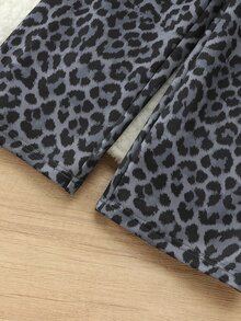 Children's Grey Fleece Leopard Print Wide Leg Sweatpants, Elastic Waistband, Easy To Put On And Take Off, Loose Straight Fit, Casual Style, For Winter - Multicolor - View 5