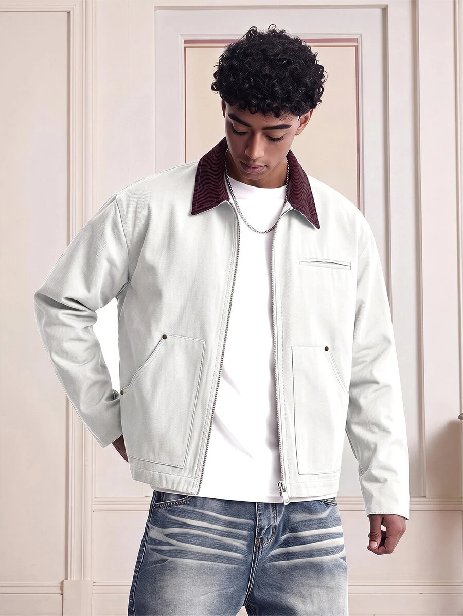 SWAVVY Men's Casual Fashion Spring/Autumn Colorblock Lapel Jacket - White - View 1
