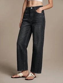 Anewsta Essential Fall Casual Blue Washed Slim Fit Jeans Women Cotton Office Commute Versatile Stretch Denim Pants Modern - Black - View 5