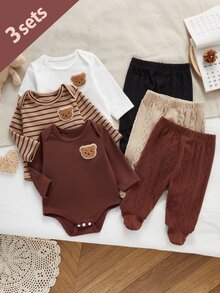 6pcs/Set Autumn/Winter Newborn Baby Set, Cute Bear Pattern, Soft & Comfortable Long Sleeve Jumpsuit, Jumpsuit, Thickened Brushed Cable Knit Ribbed Footed Pants, Home Wear - Multicolor - View 1