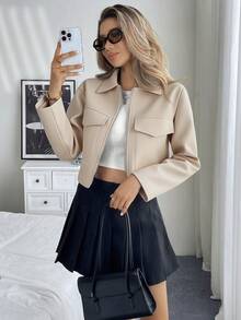 SHEIN 女式纯色落肩短款拉链休闲夹克 - 杏色 - 查看 4