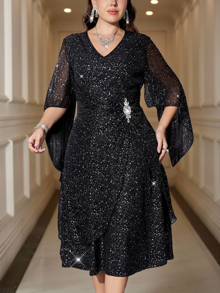 Reflora Plus Size Women's V-Neck Rhinestone Decor Casual Sexy Elegant Party Evening Cocktail Formal Dress Fall Black New Year - Black - View 6