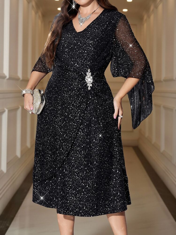 Reflora Plus Size Women's V-Neck Rhinestone Decor Casual Sexy Elegant Party Evening Cocktail Formal Dress Fall Black New Year - Black - View 7