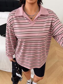 SHEIN EZwear 大尺碼秋季休閒簡約棕色黑色長袖T恤居家度假辦公秋季穿搭 - 粉色 - 查看 4