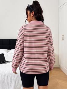 SHEIN EZwear 大尺碼秋季休閒簡約棕色黑色長袖T恤居家度假辦公秋季穿搭 - 粉色 - 查看 2