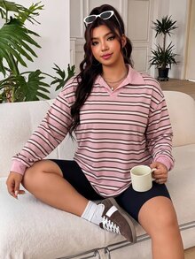 SHEIN EZwear 大尺碼秋季休閒簡約棕色黑色長袖T恤居家度假辦公秋季穿搭 - 粉色 - 查看 5