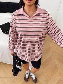 SHEIN EZwear 大尺碼秋季休閒簡約棕色黑色長袖T恤居家度假辦公秋季穿搭 - 粉色 - 查看 3