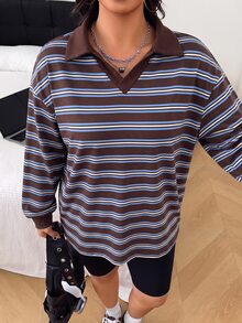 SHEIN EZwear 大尺碼秋季休閒簡約棕色黑色長袖T恤家居度假辦公秋季穿搭 - 咖啡棕 - 查看 5