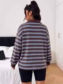 SHEIN EZwear 大尺碼秋季休閒簡約棕色黑色長袖T恤家居度假辦公秋季穿搭 - 咖啡棕 - 查看 2