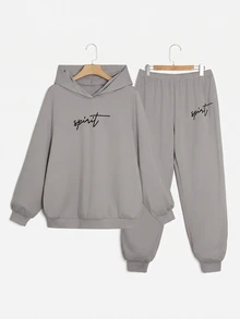 SHEIN EZwear Plus Letter Graphic Hoodie & Sweatpants Fall - Grey - View 1