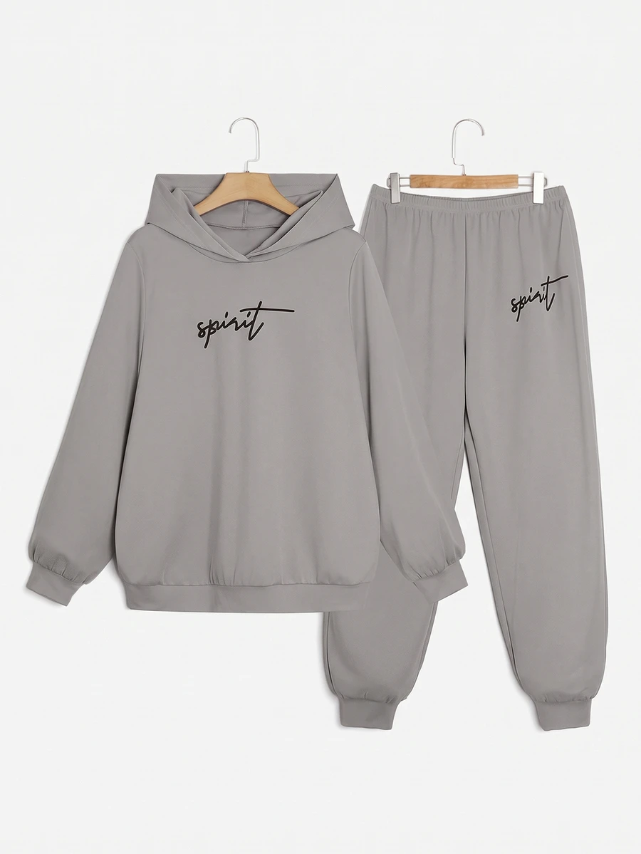 SHEIN EZwear Plus Letter Graphic Hoodie & Sweatpants Fall - Grey - View 1