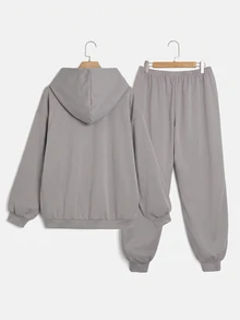 SHEIN EZwear Plus Letter Graphic Hoodie & Sweatpants Fall - Grey - View 2