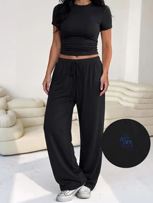 SHEIN EZwear 2pcs Plus Size Women Gray Embroidered Logo Casual Set,Sommar Gym Wide Leg Sweatpants Lounge Outfits,Spring/Summer Club Gym Beach Vacation 2 Pieces - Black - View 5